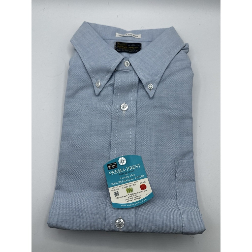 VTG NWT Sears Perma-Prest Dress Shirt XL (17 17½) Blue Button Down Short Sleeve